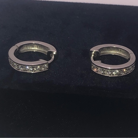 STERLING Silver & White Cz Stone Hoop Earrings 17mm Hoops / 4mm Width - Picture 2 of 6